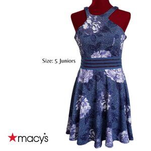 Macy's Junior Fit & Flare Halter Lined Floral Blue/Purple Scuba Dress Size 5 NWT